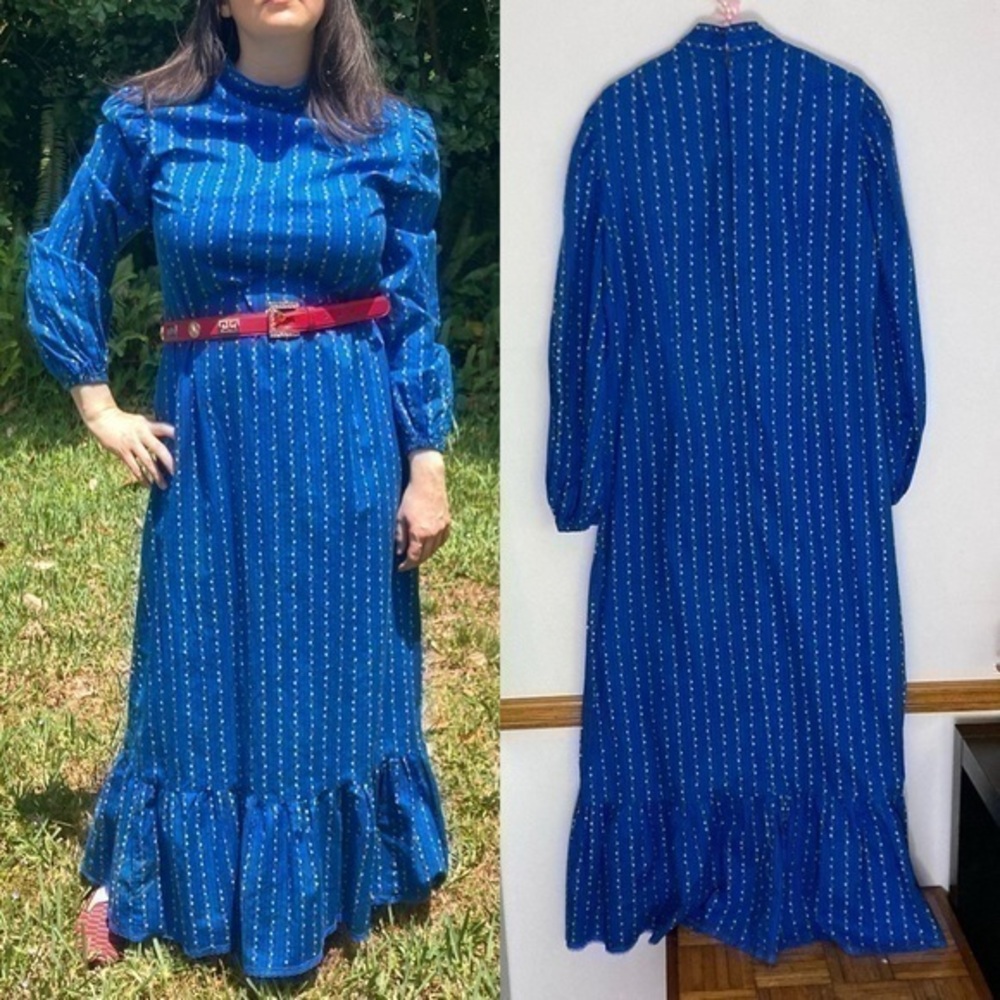 Vintage style blue floral striped cottagecore maxi dress